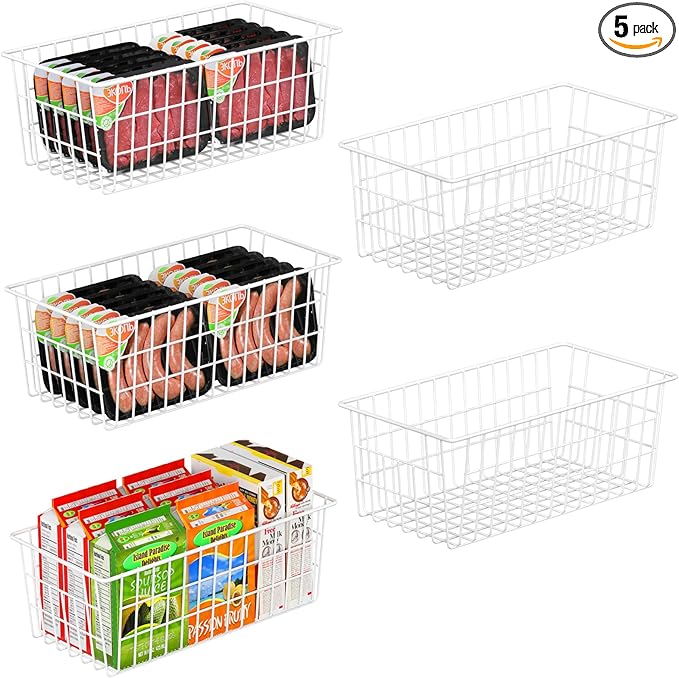 Orgneas Freezer Organizer Bins, Freezer Baskets for Chest Freezer and Upright Freezer Refrigerator Dividers Frozen Meats Storage Containers Organizer for Fruits and Vegetables, 5 Packs