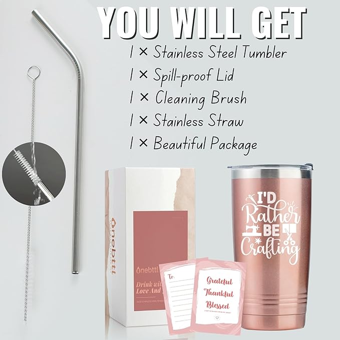 Onebttl Gifts for Crafters, Crafting Gifts for Women - Tumbler for Crafters, Female, Her - I'd Rather Be Crafting - 20oz/590ml Stainless Steel Insulated Tumbler with Straw & Lid - Rose Gold