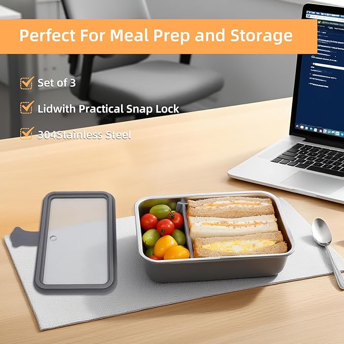 KEKEGO Lunch Box, Premium Stainless Steel Bento Box, Leakproof Lunch Box for Adults Food Storage, 42oz/1.25L with Glass Lid, Microwave & Dishwasher