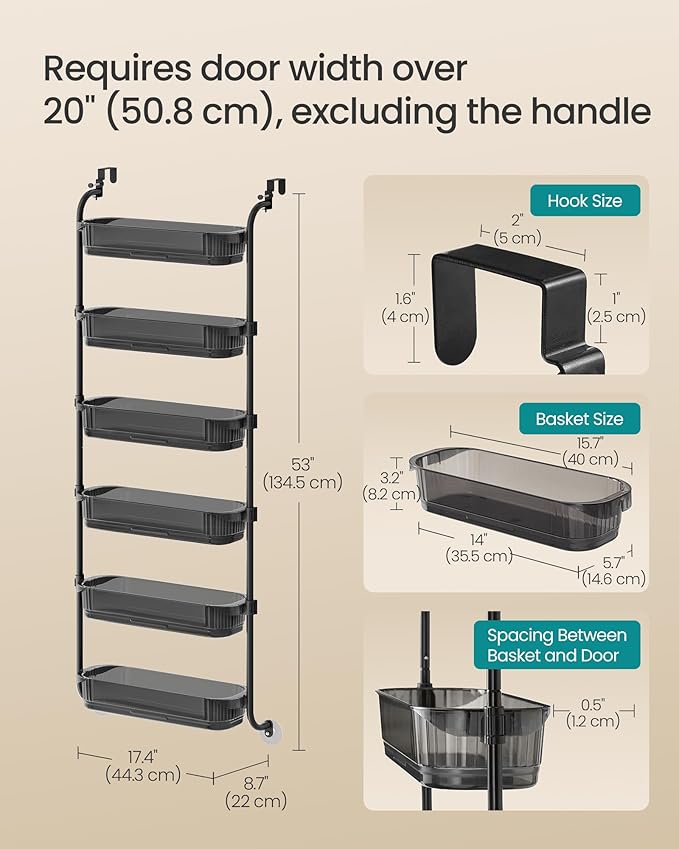 SONGMICS Over the Door Pantry Organizer, 6-Tier Kitchen Pantry Door Organizer with Adjustable Tall Baskets, Hanging Spice Rack, for Bedroom Bathroom Laundry Room, Transparent Black UKCS046BH01