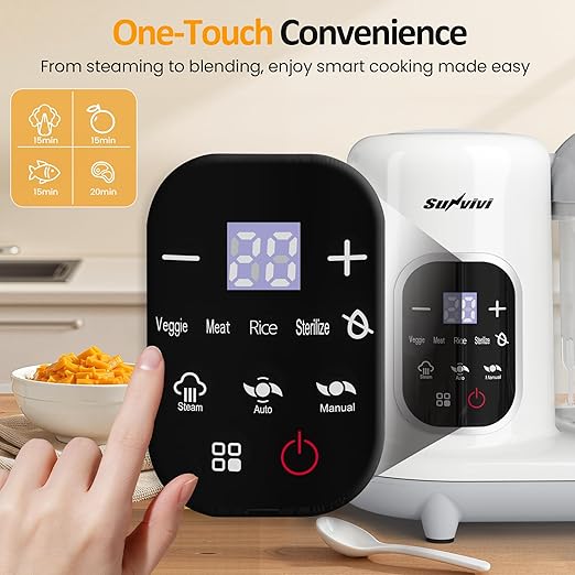 All-in-one Baby Food Maker: Baby Food Processor Blender Combo with Self Clean & LCD Display, Baby Food Puree Maker with Steam, Heating & Stirring, White Steamer Container Grinder