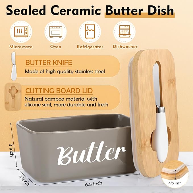 Hushee Metal Bread Box and Butter Dish with Bamboo Cutting Board Lid and Knife Bread Storage Container Breadbox for Kitchen Counter Butter Organizer for Kitchen Countertop Decoration(Gray)