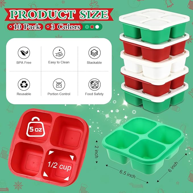 Honeydak 10 Pack Snack Container 4 Compartment Reusable Bento Snack Boxes Divided Lunchable Containers with Lids Meal Prep Lunch Food Storage Boxes for School Work Travel(Christmas Color)