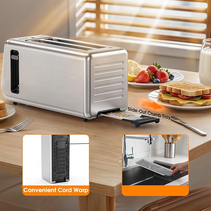 4 Slice Toaster with Smart Digital Touchscreen & 1-Touch Memory | Stainless Steel Long Extra-Wide Slot for Bagels & Artisan Bread | Single-Slice Defrost and Reheat Modes
