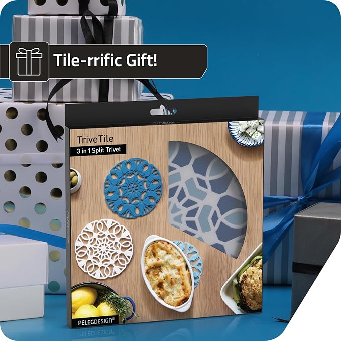 Peleg Design TriveTile Trivet Set – for Hot Pots and Pans - Fun and Decorative – Non-Slip Heat-Resistant Kitchen Trivets - Split into 3 Trivets, Holds 3 Dishes Simultaneously - 7x7 inches (Navy)