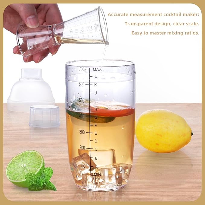 Plastic Bar Cocktail Shaker with Measuring Jigger Set,Hand Drink Mixer Boba Tea Shaker Cup with Scales,Bar Tool Transparent Protein (500ML)