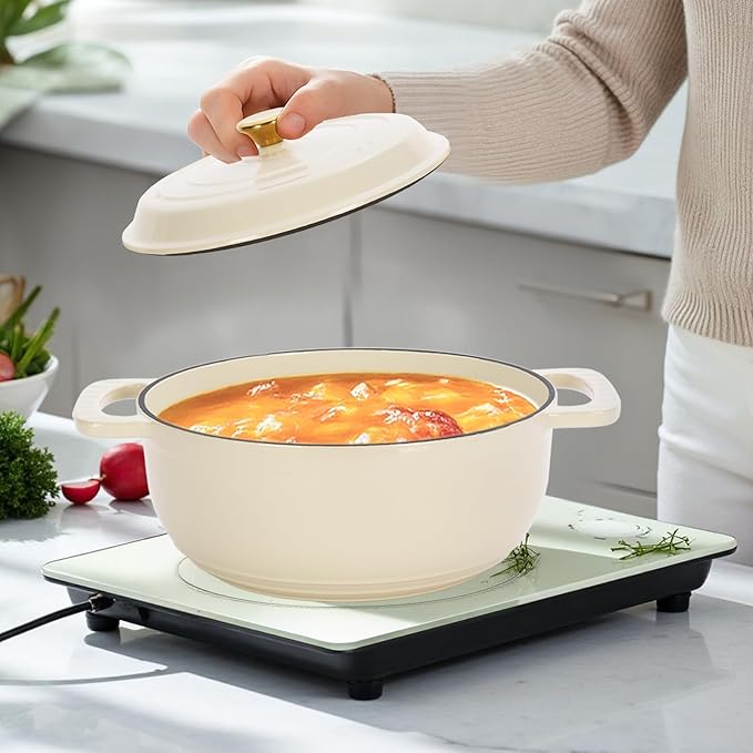 ROVSUN 5 Quart Enameled Cast Iron Dutch Oven with Lid, Dual Handles, Oven Safe up to 500°F or on Stovetop, Compatible for Braising, Stews, Roasting, Bread Baking-Cream White