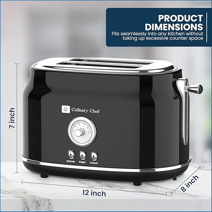 Frigidaire ETO102-WHITE, 2 Slice Toaster, Retro Style, Wide Slot for Bread, English Muffins, Croissants, and Bagels, 5 Adjustable Toast Settings, Cancel and Defrost, 900w, Black
