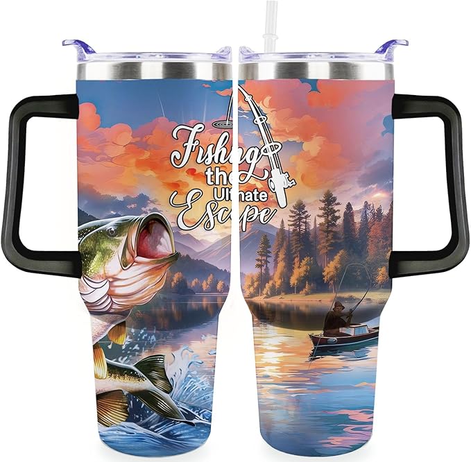 Fishing Gifts For Men 40oz Travel Tumbler for Fishings Lover Fathers Day Fishings Gift For Dad Grandpa Husband as Christmas Birthday Presents Fishing Lover Cup With Handle