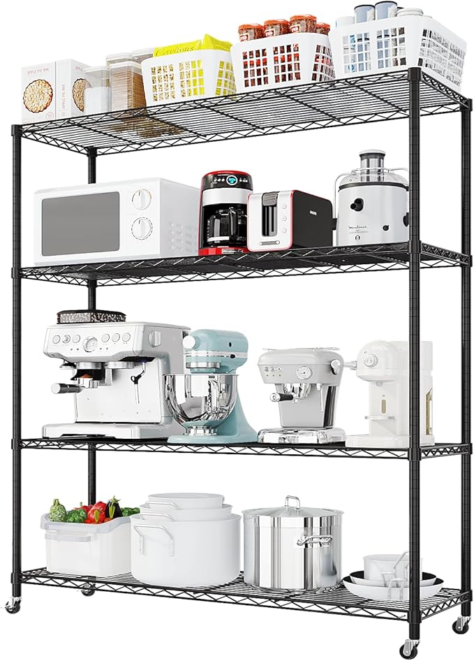 Karl home 4-Tier Storage Shelving with 2" Wheels, Adjustable Metal Shelves Wire Storage Rack for Garage Kitchen Basement,800LBS Capacity 64.96" H X 46.06" W X 17.7" D,Black
