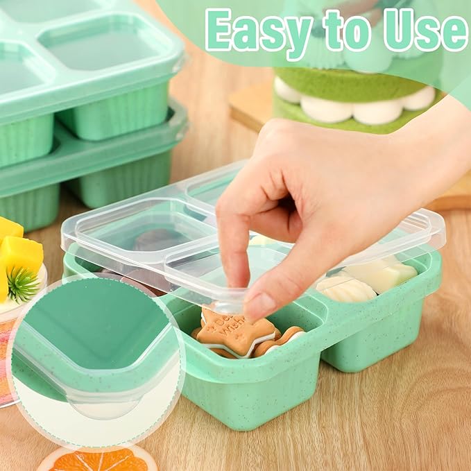 12 Pcs 4 Divided Compartments Snack Containers Bento Wheat Straw Snack Box with Lid Reusable Meal Prep Lunch Box Food Storage Containers for Adults Christmas Travel Work Gifts(Green)
