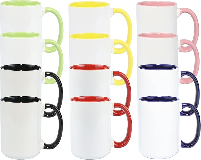 Ceramic 15oz Sublimation Coffee Mug, 6 Assorted Colors Option #1, Case of 24