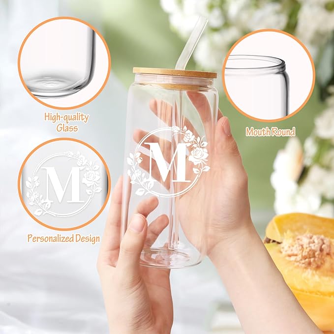 Birthday Gifts for Women, Monogrammed Initial Glass Cup Personalized Gifts for Women, 16oz Glass Cups with Lids and Straws, Iced Coffee Cup, Beer Can Shaped Glass - Gifts for Christmas, Birthday, M