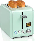 SEEDEEM 2 Slice Toaster With Color LCD Display - Stainless Steel, 7 Bread Shade Settings, 1.4'' Wide Slots, Bagel/Defrost/Reheat Functions, Removable Crumb Tray, 900W, Mint