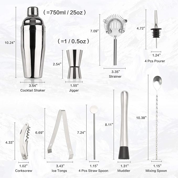 25 oz Cocktail Shaker Set 16 Pcs Mixology Bartender Kit with Stand - Professional Stainless Steel Bartending Kit - Perfect Home Bar Tool Gift Set for Drink Mixing (Silver)