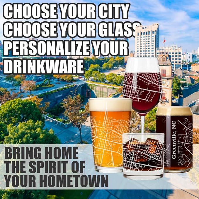 Blue Ridge Mountain Gifts - Greenville Souvenir - North Carolina Glassware Gift, Etched City Map, Laser Engraved and Dishwasher Safe