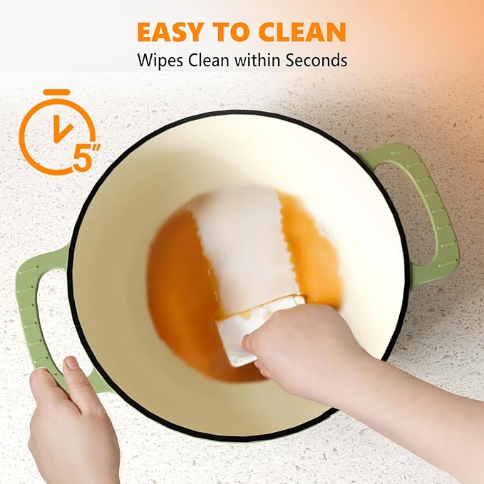 ROVSUN Enameled Cast Iron Round Dutch Oven, 6QT Pot with Lid &Dual Handles with Silicone Gloves,Oven Safe up to 500°F, Heavy-Duty Pre-Seasoned Cookware for Bread Baking, Braising, Stews, Roasting, Sage Green