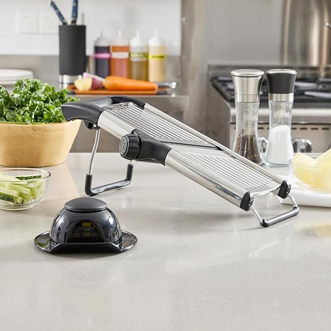 Restaurantware Stainless Steel Adjustable Mandoline Slicer - German Standard Vegetable Slicer with Blade Guard, Cut-Resistant Gloves, Cleaning Brush - Food Slicer for Potato, Onions, Cucumbers, Tomato