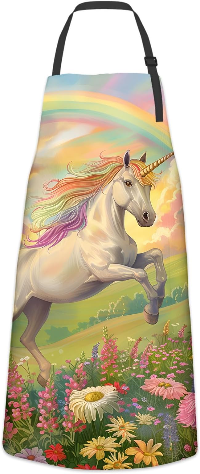 Beautiful Unicorn Apron for Women Men, Cooking BBQ Chef Polyester Lightweight Rainbow and Floral Aprons with Pockets for Baking Kitchen Gardening Cleaning, Adjustable Neck Strap, 28×33inch