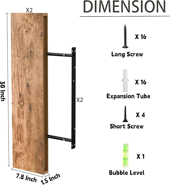 30 Inch Floating Shelves for Wall, 8" Deep Floating Shelf Wall Mounted Set of 2, Rustic Brown Wall Shelf with Invisible Bracket, Hanging Shelf for Bathroom, Bedroom, Office, Living Room Decor