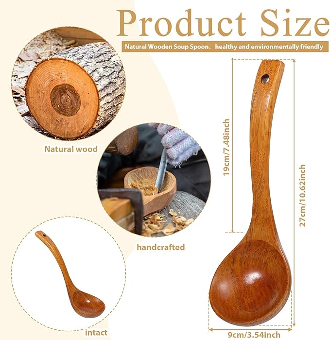 Wooden Ladle, 11" Long Handle Soup Ladle Spoon 3 fl oz Extra Large Kitchen Wooden Scoop Deep Teak Wood Spoon Utensil for Cooking Serving Cookware, Sustainable Natural Texture (Bigger and Deeper)