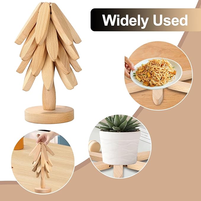 Wooden Trivets for Hot Dishe, Tree Shape Trivet Set, 4 Wooden Trivet + 1 Stand Stored Like a Christmas Tree, Beech Wood Trivets for Hot Pots, Teapot, Practical on The Kitchen Counter Christmas Deco