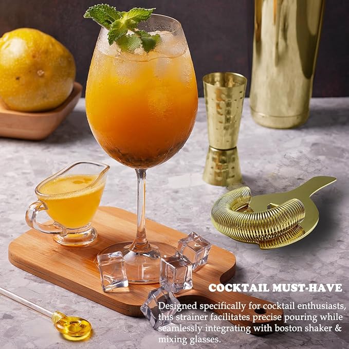 Gold Cocktail Strainer for Drinks 2 Prong Hawthorne Strainer with Removable Spring Stainless Steel Bartending Strainer Bar Cart Tool