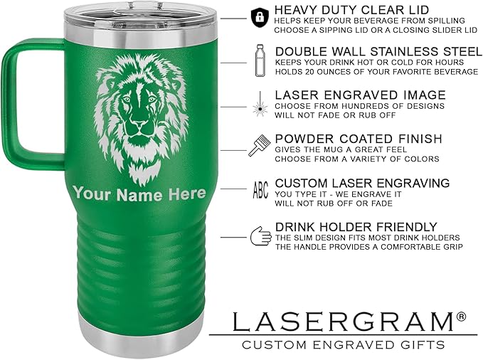 LaserGram 20oz Vacuum Insulated Travel Mug with Handle, Tiki Statue, Personalized Engraving Included (Green)