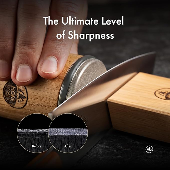 HORL 2 Oak Kitchen Knife Sharpener for Razor Sharp Edges Made in Germany - Rolling Sharpener for knives - Rolling Knife Sharpening Kit with Magnetic Holder with 15 & 20 Degrees