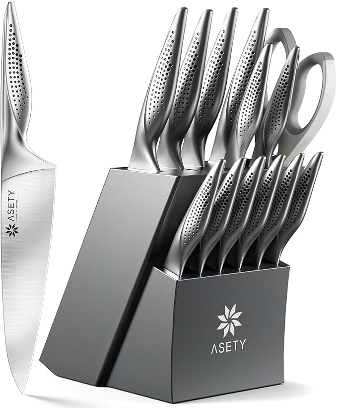 Knife Set - Ultra Sharp Knives Set for Kitchen with block, 15 PCS Stainless Steel Knife Set with Built-in Sharpener, Ergonomic Non-Slip Handle, Christmas Elegant Box for Men Women, Steel Gary