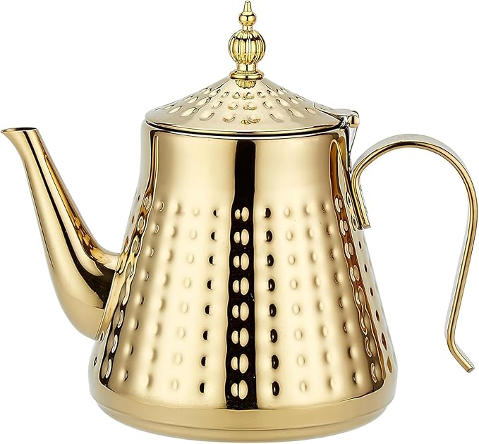 SANQIAHOME 1.2L(40oz) Stainless Steel Hammer Patterned Teapot With Removeable Infuser,Loose leaf cover,Gold