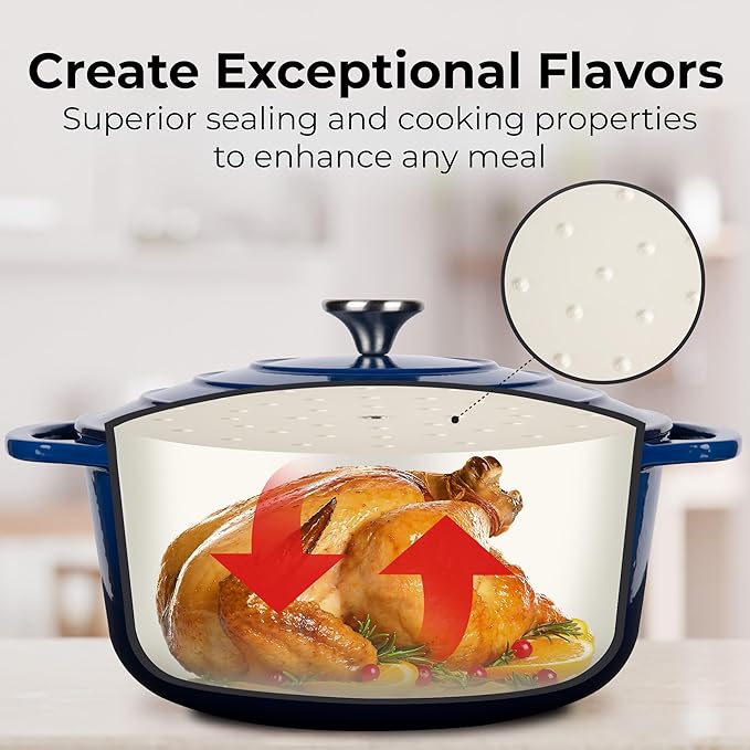 Zulay Kitchen 7.7 Quart Enameled Cast Iron Dutch Oven Pot with Lid – Premium Durability & Oven Safe up to 500°F – Heavy Duty Cookware Perfect for Bread Baking, Stews, Braising & Roasting – Blue