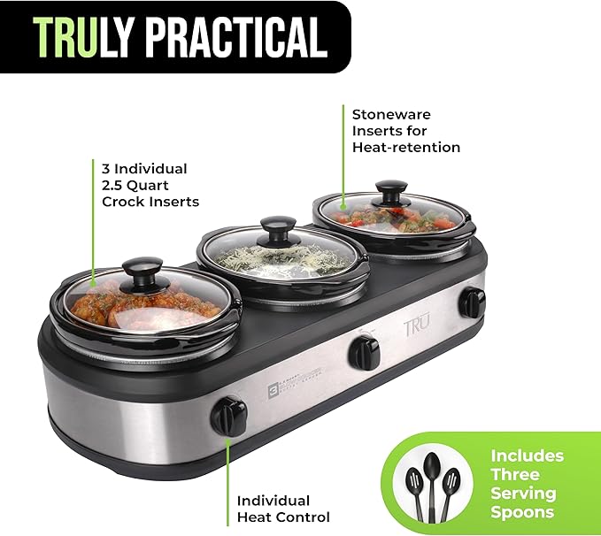 TRU Triple Buffet Server - Three 2.5 Quart Removable Crock Inserts - Slow Cooker & Food Warmer with Individual Heat Control - Includes Lid Rests & Serving Spoons