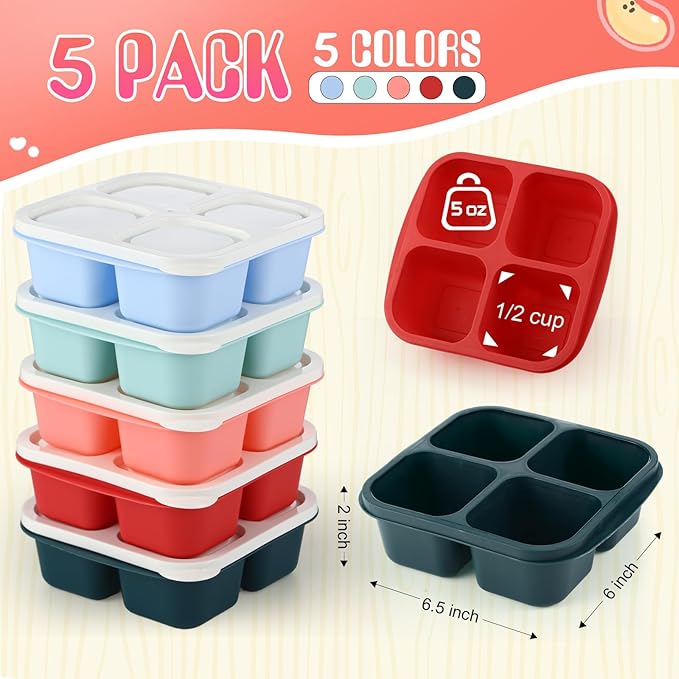 Honeydak 5 Pack Snack Containers 4 Compartment Bento Snack Boxes Reusable Lunchable Containers with Lids Divided Meal Prep Lunch Food Storage Box for School Work Travel(Melon,Equal)