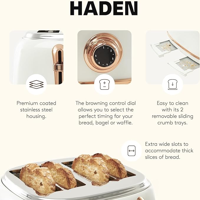 Haden Heritage 4 Slice Wide Slot Stainless Steel Toaster with Adjustable Browning Control & Non-Slip Feet, Ivory & Copper