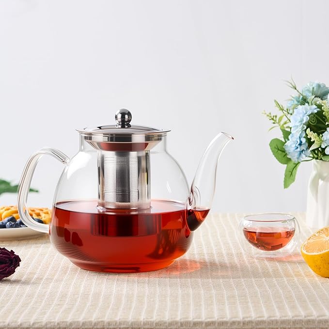 PARACITY Glass Teapot Stovetop 50 OZ/1500ml, Tea pot with Removable 18/8 Stainless Steel Infuser, Borosilicate Clear Tea Kettle, Teapot Blooming and Loose Leaf Tea Maker Tea Brewer for Camping, Travel
