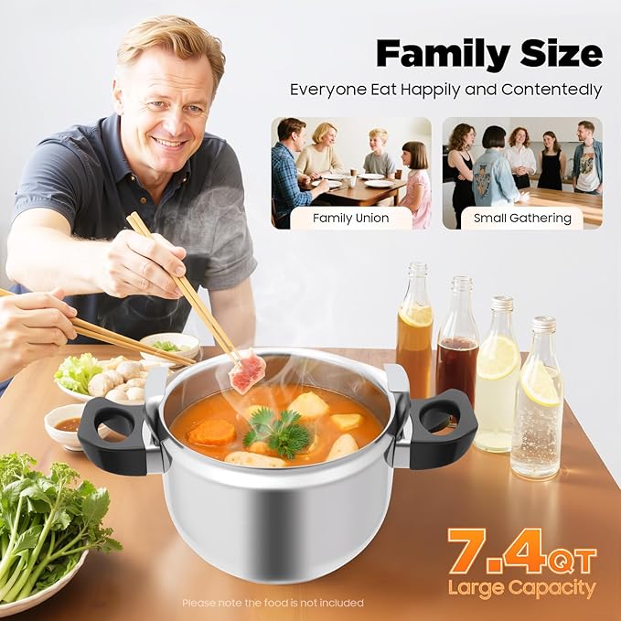 7L Stainless Steel Pressure Cooker, 60Kpa High Pressure Cooker with Safety Valve & Pressure Release, 201 Stainless Steel Cooking Pot for Induction, Gas, Electric Stoves, Home & Restaurant Use