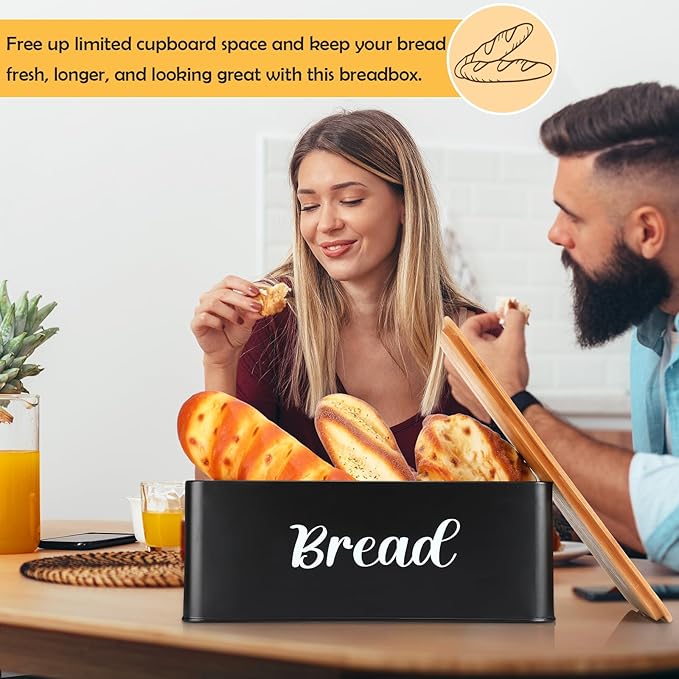 Hushee Metal Bread Box and Butter Dish with Bamboo Cutting Board Lid and Knife Bread Storage Container Breadbox for Kitchen Counter Butter Organizer for Kitchen Countertop Decoration(Black)