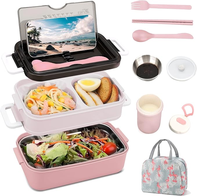 Adult Bento Lunch Box Kit, Bento Boxes Portable Lunch Box, Adult Bento Box with Lunch Bag, Bento Lunch Containers for Women, 1200ml Large Capacity Lunchbox BPA-Free(Pink Metal)