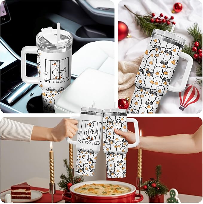34HD Funny Gifts for Friends, Goose Tumbler 40oz with Handle and Straw, Funny Stainless Steel Tumbler with Lid, Got Too Silly Coffee Mug, Goose Gifts for Sisters Brothers Coworkers