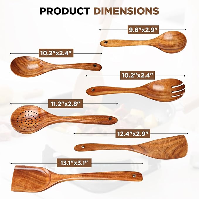Premium 6pcs Wooden Spoons Set for Cooking - Durable Teak Wood Kitchen Utensils Set with Smooth Surface, Heat-resistant & Scratch-proof Spatula, Best Gift for Cooking Lovers