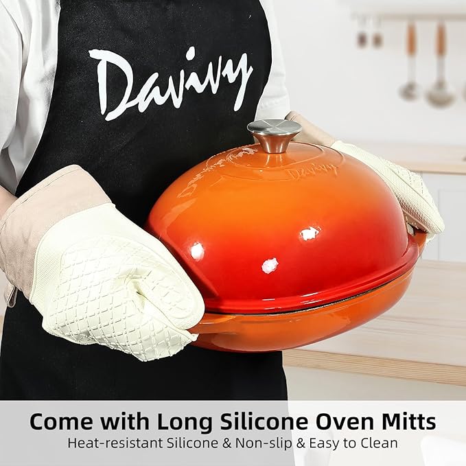Davivy 6QT Oval Sourdough Bread Dutch Oven with Silicone Oven Mitts, Cast Iron Bread Pan Sourdough Pan with Lid, Enameled Cast Iron Bread Cloche Dutch Oven- Flame Orange