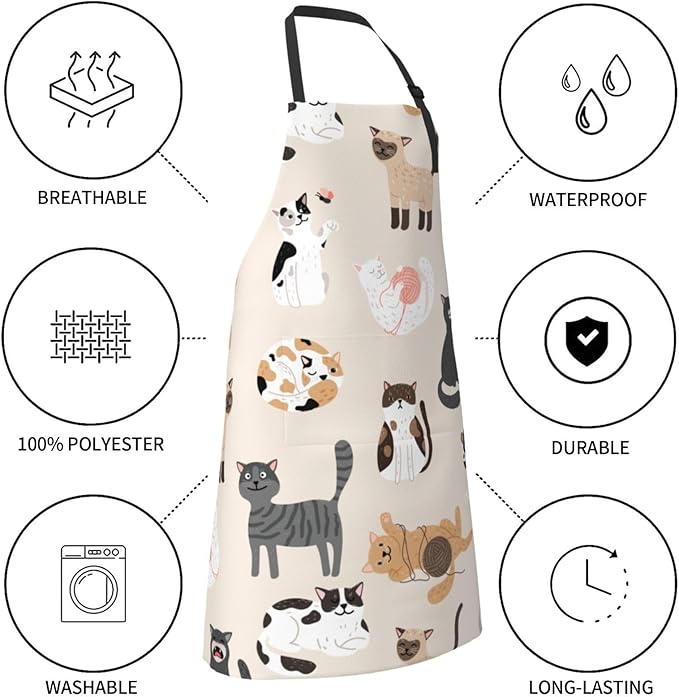 Cat and Dogs Animals Adjustable Bib Neck Chef Aprons, Kitchen Bbq Waterproof Apron with 2 Pockets For Mom Dad