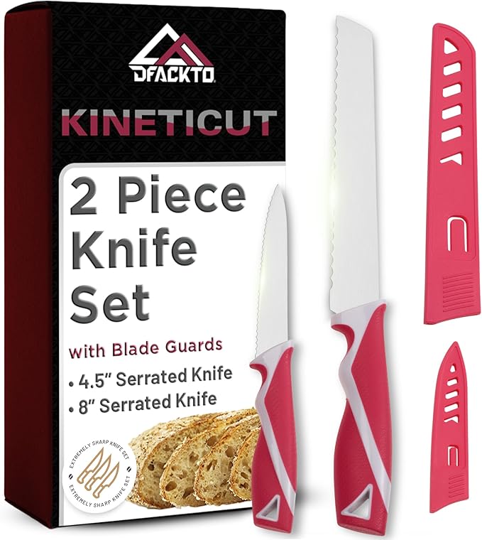 DFACKTO 2-Piece Serrated Knife Set – Stainless Steel Kitchen Cooking Knives w/Protective Covers, Dishwasher Safe, No Block, Sharp Cutlery for Slicing Bread, Cooking Fruit & Steak w/Sheath - Magenta