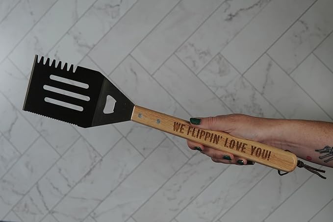 Grill Spatula for Kitchen, Stainless Steel BBQ Scraper, Customized Flat Top Flipper with Wooden Handle-WE Flippin’ Love You!