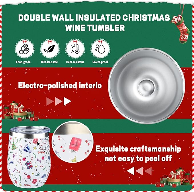 12oz Christmas Wine Tumbler with Lid and Straw,Stainless Steel Insulated Stemless Wine Tumbler Double Wall Vacuum Wine Cups Tumbler Christmas Gifts for Women Men(Xmas Elements,2)
