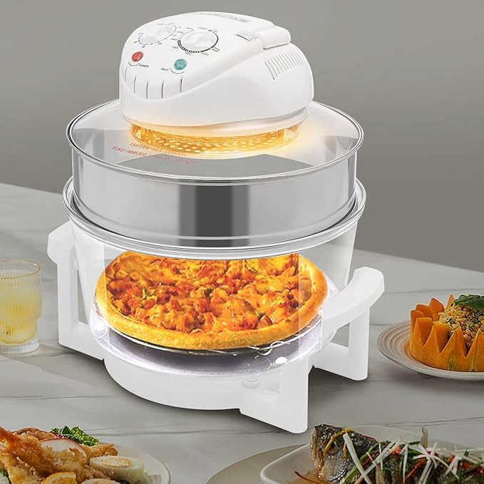 17L/17.96Qt Turbo Electric Glass Air Fryer w/ 2 Grill, Electric Turbo Convection Oven Roaste, 360° Viewable Airy Fryer with Expansion Ring, Multifunction Oilless Halogen Oven