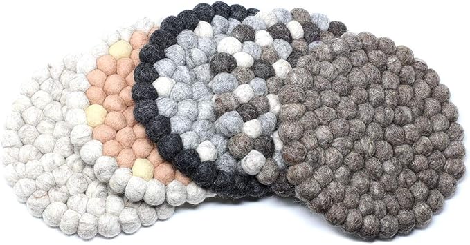 Global Crafts Hand Crafted Felt Ball Wool Trivet Mat from Nepal, 8" Round Pad, Dark Grey