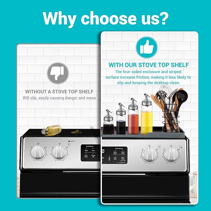 30" Stove Top Shelf, Soft and Heat Resistant,With 6 Suction Points,Fixed 3 Compartment Design For Storing Spices And Cooking Tools, Space Saving, Suitable For The Back Of The Stove,Grey.