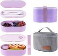 Bento Lunch Box Set -2 Stackable Adult And Women's Lunch Boxes - Including Lunch Bag, Leak Proof And Bisphenol Free A - Built-In Cutlery Set - Dishwasher Safe (Purple)